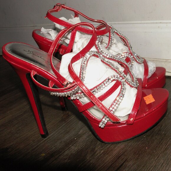 A pair of red women's heels shoes with rhinestone straps. (All sizes available) - Picture 1 of 4